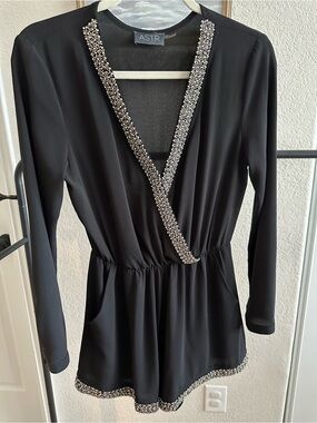 ASTR Black Embellished V-Neck Long Sleeve Romper